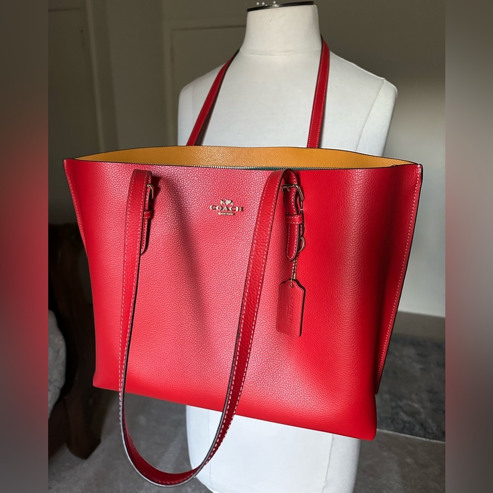 Coach Red Mollie Tote with teal and yellow interior